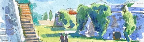 Aquarel·la de les ruïnes del castell de Montjuic als afores de Girona.