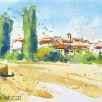 Aquarel·la amb una panoràmica de Les Piles a la Conca de Barberà.