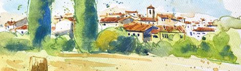 Aquarel·la amb una panoràmica de Les Piles a la Conca de Barberà.