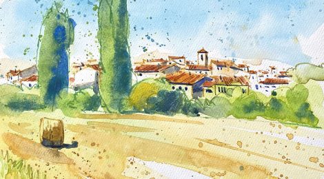 Aquarel·la amb una panoràmica de Les Piles a la Conca de Barberà.