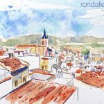 Aquarel·la amb una panoràmica de la ciutat de Sagunt.