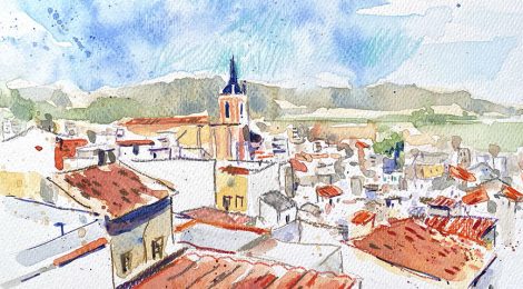 Aquarel·la amb una panoràmica de la ciutat de Sagunt.