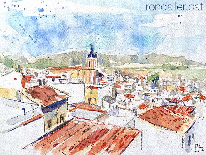 Aquarel·la amb una panoràmica de la ciutat de Sagunt.