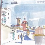 Aquarel·la del barri de Sant Andreu de Palomar amb l'església al fons.