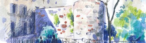 Aquarel·la de les restes de la muralla romana de Barcelona a la plaça dels Traginers..