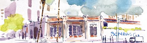 Aquarel·la amb una vista de la façana de l'edifici.