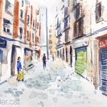 Aquarel·la amb una vista del carrer de les Freixures de Barcelona.