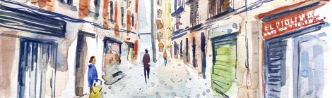 Aquarel·la amb una vista del carrer de les Freixures de Barcelona.