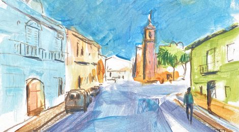 Pintura amb una vista del carrer de Baix.