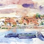 Aquarel·la amb una panoràmica de Móra d'Ebre amb el riu.