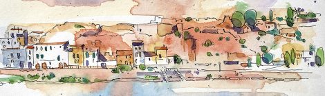 Aquarel·la amb una panoràmica de Móra d'Ebre amb el riu.