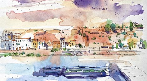 Aquarel·la amb una panoràmica de Móra d'Ebre amb el riu.