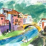 Aquarel·la de la població d'Osor amb el pont romànic damunt el riu.