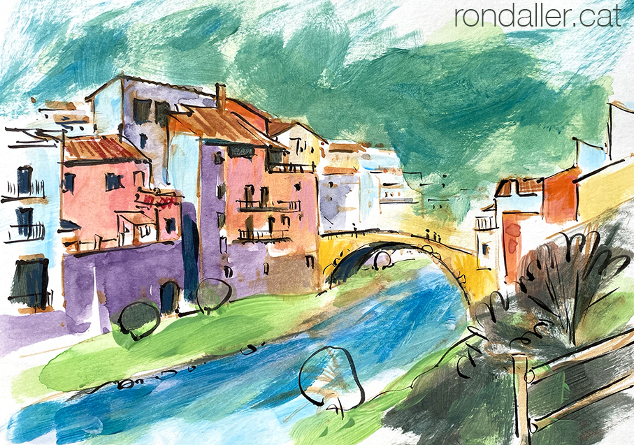 Aquarel·la de la població d'Osor amb el pont romànic damunt el riu.