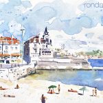 Aquarel·la de la praia da Ribeira de Cascais amb el palau Seixas al fons.