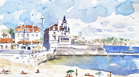 Aquarel·la de la praia da Ribeira de Cascais amb el palau Seixas al fons.
