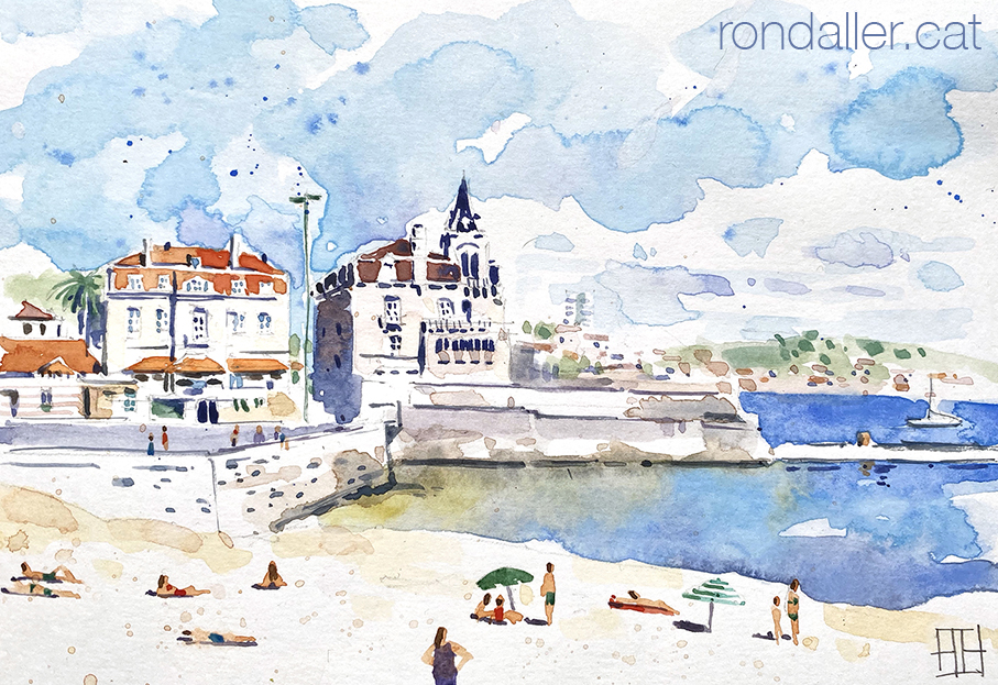 Aquarel·la de la praia da Ribeira de Cascais amb el palau Seixas al fons.