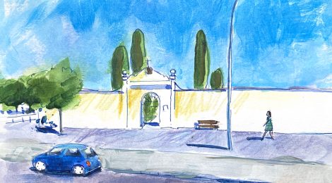 Dibuix de l'entrada del cementiri de Malgrat de Mar.