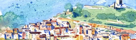 Aquarel·la amb una panoràmica de la vila d'Ascó.