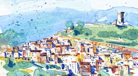 Aquarel·la amb una panoràmica de la vila d'Ascó.