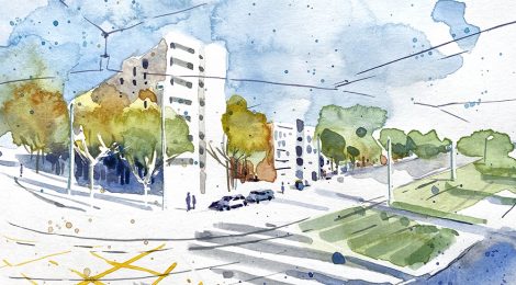 Aquarel·la amb una panoràmica del barri del Besòs.