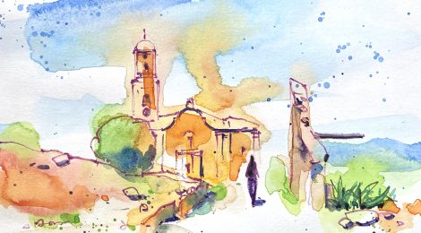 Aquarel·la de l'església de Sant Pere de Corbera d'Ebre.