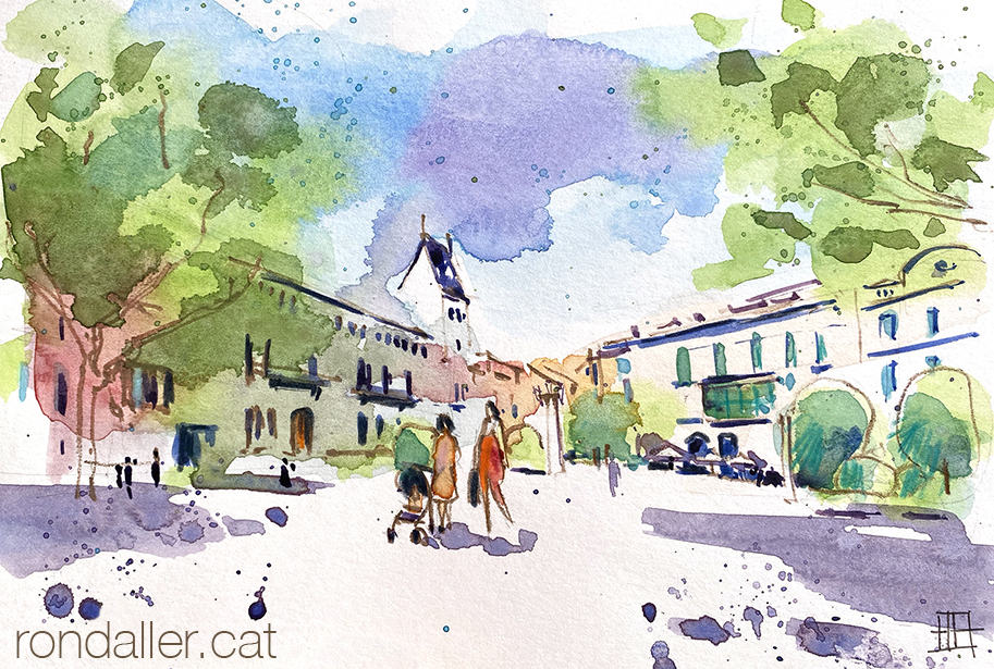 Aquarel·la amb una panoràmica de la Rambla de Figueres.