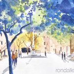 Aquarel·la amb una vista del pati de l'antic hospital de la Santa Creu i Sant Pau de Barcelona.