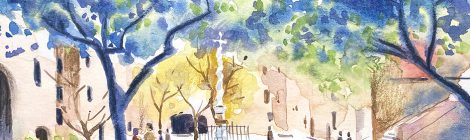 Aquarel·la amb una vista del pati de l'antic hospital de la Santa Creu i Sant Pau de Barcelona.