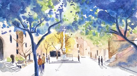 Aquarel·la amb una vista del pati de l'antic hospital de la Santa Creu i Sant Pau de Barcelona.