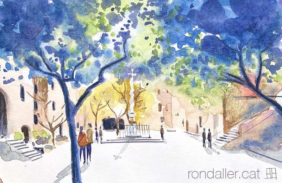 Aquarel·la amb una vista del pati de l'antic hospital de la Santa Creu i Sant Pau de Barcelona.