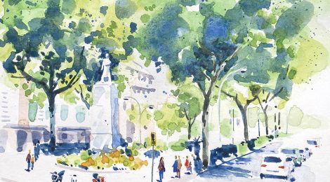 Aquarel·la amb una panoràmica del monument a Joan Güell als jardins de la Reina Victòria de Barcelona.
