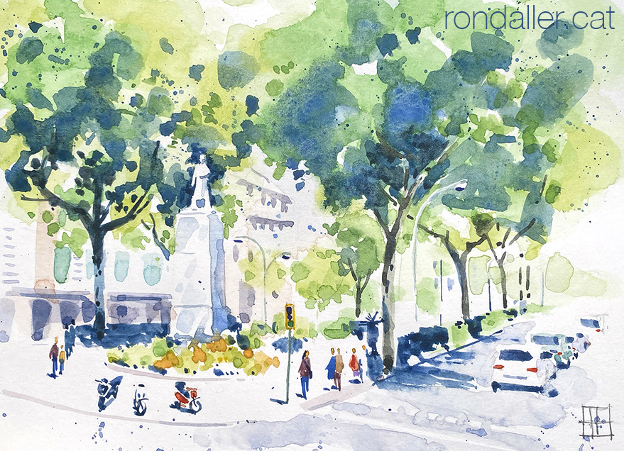 Aquarel·la amb una panoràmica del monument a Joan Güell als jardins de la Reina Victòria de Barcelona.