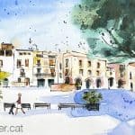 Aquarel·la amb una vista de la plaça de les Fonts d'Olesa de Montserrat.