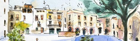 Aquarel·la amb una vista de la plaça de les Fonts d'Olesa de Montserrat.