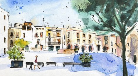 Aquarel·la amb una vista de la plaça de les Fonts d'Olesa de Montserrat.