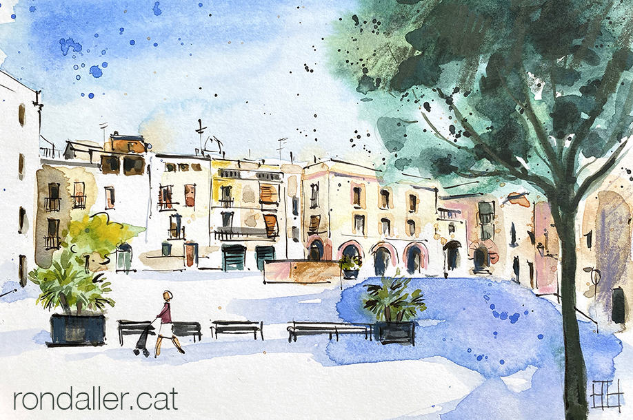 Aquarel·la amb una vista de la plaça de les Fonts d'Olesa de Montserrat.