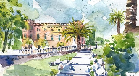 Aquarel·la de la residència dels comtes de Bell-lloc.