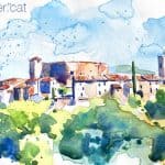 Aquarel·la amb una panoràmica de la població de Santa Pau.