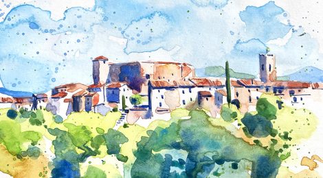 Aquarel·la amb una panoràmica de la població de Santa Pau.