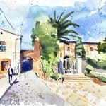 Aquarel·la amb una vista a l'entrada del recinte del monestir de Pedralbes.