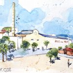 Aquarel·la de la destil·leria Anís del Mono a Badalona.