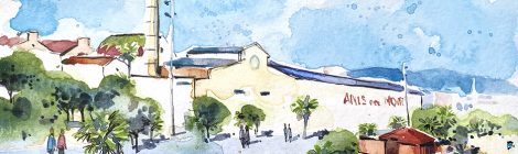 Aquarel·la de la destil·leria Anís del Mono a Badalona.