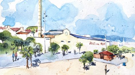 Aquarel·la de la destil·leria Anís del Mono a Badalona.