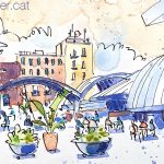 Aquarel·la amb una vista del mercat de la Barceloneta.