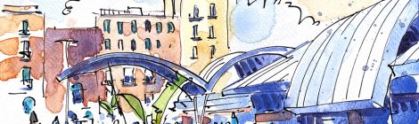 Aquarel·la amb una vista del mercat de la Barceloneta.