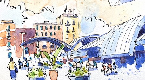 Aquarel·la amb una vista del mercat de la Barceloneta.