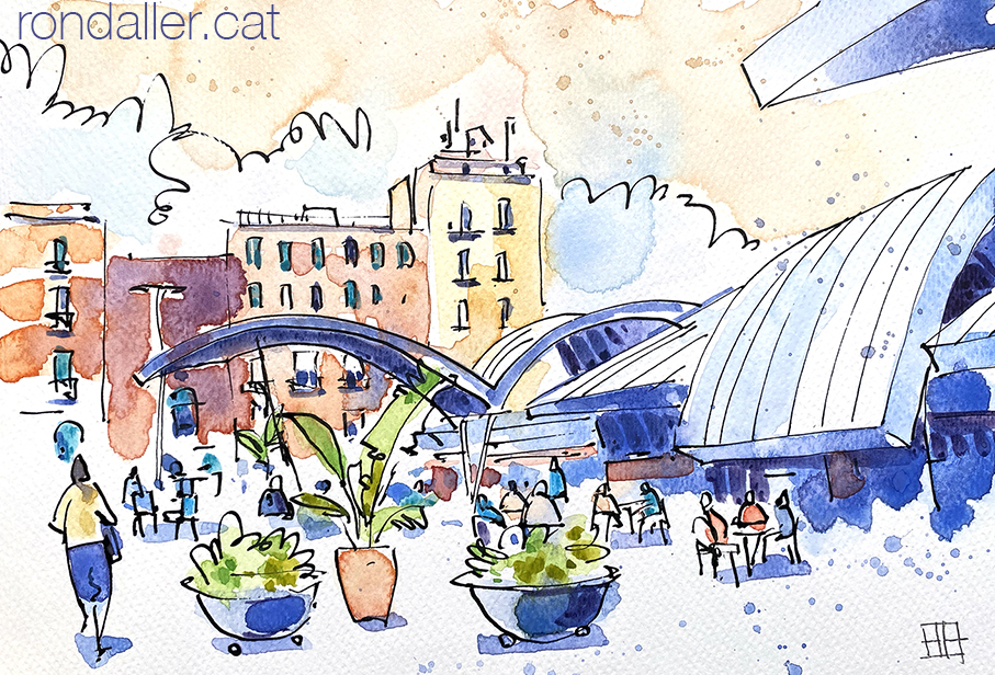 Aquarel·la amb una vista del mercat de la Barceloneta.