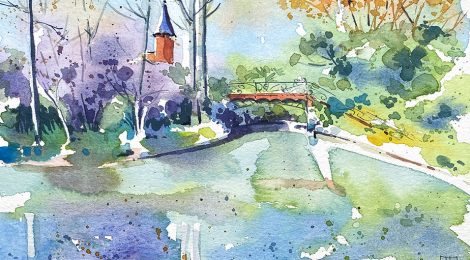 Aquarel·la una panoràmica de l'estany amb el pont i la torre.