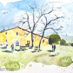 Aquarel·la amb una vista de la masia de Can Vilallonga.